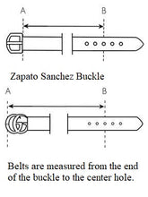 Load image into Gallery viewer, Hand made blue leather belts The ZapatoSanchez monogram is imprinted in its metalic buckle matching the blue leather in this belt introduced for Spring 2021. The blue stitching completes the accessory. Blue supreme blue leather with a tan coloured lining Metalic-toned hardware Belts are 1.5 inches wide and are measured from the end of the buckle to the center hole. Sizing may differ based on where the belt is worn (at the hips vs on the waist) 1.3/8 inches. Made in Canada
