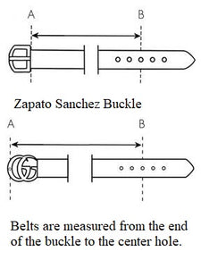 Hand made blue leather belts The ZapatoSanchez monogram is imprinted in its metalic buckle matching the blue leather in this belt introduced for Spring 2021. The blue stitching completes the accessory. Blue supreme blue leather with a tan coloured lining Metalic-toned hardware Belts are 1.5 inches wide and are measured from the end of the buckle to the center hole. Sizing may differ based on where the belt is worn (at the hips vs on the waist) 1.3/8 inches. Made in Canada