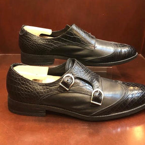 Ferroz Black Croc Monk Strap With Croc Wing Tip Men's shoes