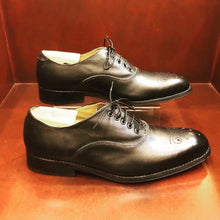 Load image into Gallery viewer, The Camilo Oxford comes in  black cow leather and a brogue toe lace up men&#39;s shoe It is hand-crafted which makes each pair unique. These men`s shoes features a natural leather lining And a blake-stitched leather outsole Distinguished by its elegant, elongated shape, this lace-up oxford is a testament to Zapato Sanchez&#39;s shoemaking craftsmanship. 

