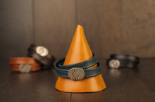 Load image into Gallery viewer, Edmonton Blue Leather Wristband Hand made in Canada West Edmonton Mall by Zapato Sanchez
